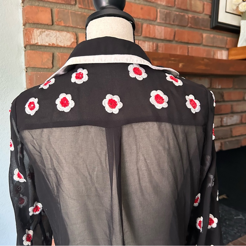 Alice + Olivia Willa Floral Embellished Scalloped Collar Placket Top Black Sz S - Picture 13 of 15